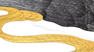 Japon dalga desenli ve el çizimi vektörlü soyut sanat manzarası. Altın ve siyah desenli el çizgisi eski tarz.