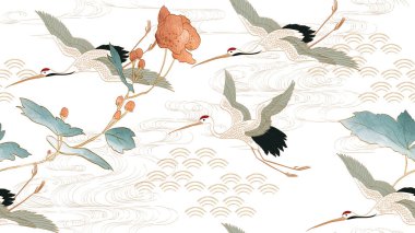 Turna kuşu vektörü. Suluboya desenli Japon arkaplanı. Klasik tarzda el çizgisi dalgalı deniz afişi tasarımı olan doğulu doğal dalga deseni. Çiçek desenli element
