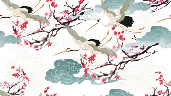 Crane Birds Art Natural Landscape Background Watercolor Texture Vector Branch — Vector de stock