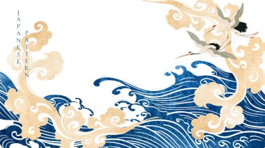 Crane birds vector. Japanese background with blue watercolor texture painting texture. Oriental natural wave pattern with hand drawn ocean sea decoration banner design in vintage style. 