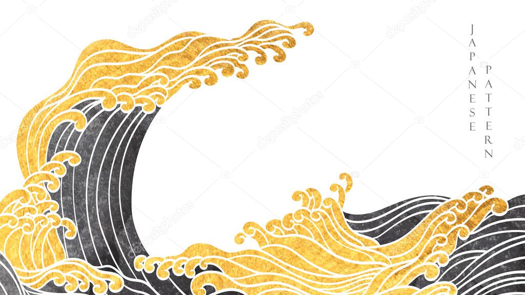 Crane birds and abstract landscape background with Japanese wave pattern in oriental style vector. Hand drawn line with gold and black texture in vintage style