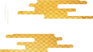 Abstract art landscape background with Japanese wave pattern and icon  vector. Hand drawn line with gold texture in vintage style. Geometric pattern.