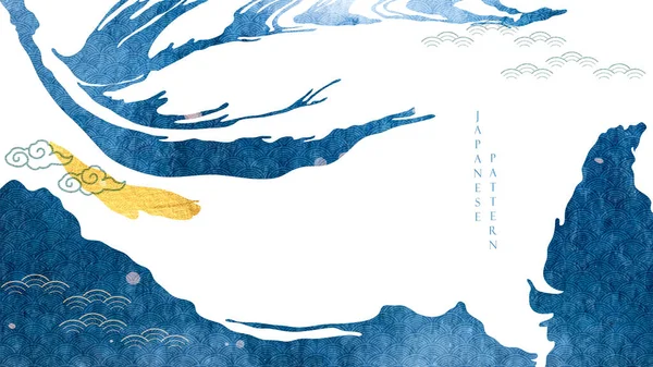 Blue Gold Brush Stroke Texture Japanese Ocean Wave Pattern Vintage — 图库矢量图片