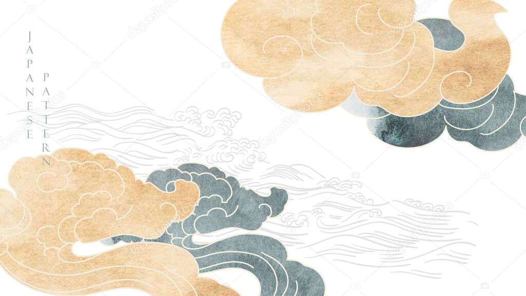 Chinese cloud with Japanese pattern vector. Oriental decoration with logo design, flyer, banner or presentation in vintage style. Blue and brown watercolor texture with hand drawn wave element.