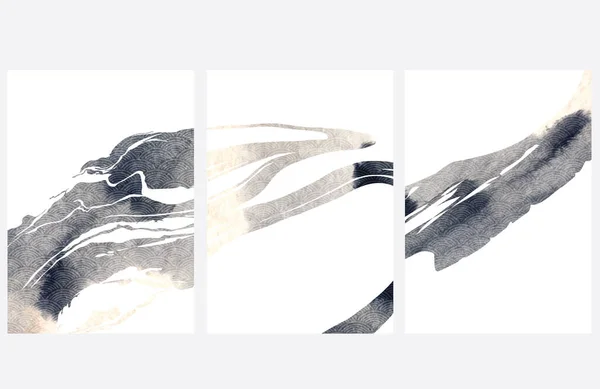 Черно Белая Мазковая Текстура Японским Рисунком Океанских Волн Винтажном Стиле — стоковый вектор