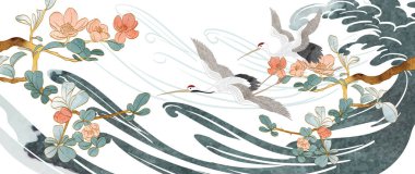 Crane birds element with  Japanese background. Oriental natural wave pattern with ocean sea decoration banner design in vintage style. Flower branch with with watercolor painting texture.