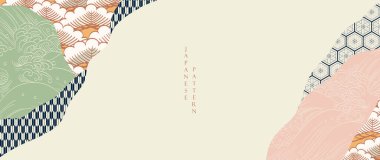 Abstract landscape with Japanese wave pattern vector banner. Nature art background with bamboo and bonsai tree invitation card template in vintage style. Asian traditional icon and symbol design