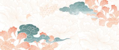 Japonca arka plan ve suluboya doku vektörü. Şakayık çiçekleri ve Çin dalgasıyla süslenmiş geometrik desenleri klasik tarzda. Sanat manzarası afiş tasarımı. 