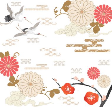 Kasımpatı çiçekli Japon arka planı. Kırmızı şakayık çiçeği ve Çin dalgasıyla klasik tarzda süslemeler. Turna kuşları ve turna kuşları kart tasarımı.