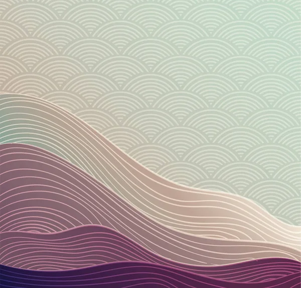 日本背景与线条波型矢量 紫色和紫色的带有曲线图案的抽象艺术模板 东方风格的山地森林横幅设计 — 图库矢量图片