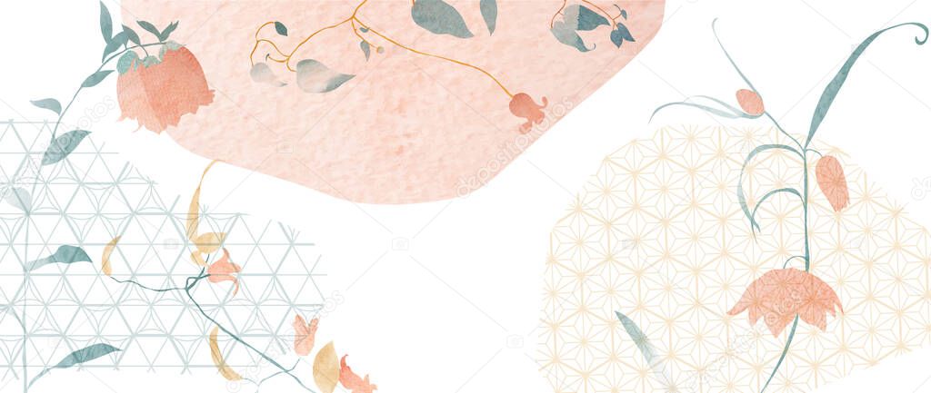 Flower background with geometric pattern vector. Abstract art banner design with Hand drawn floral elements. Watercolor texture with branch of leaves template in luxury style. Pastel colorful banner  