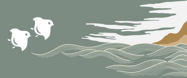 Çin bulut süslemeleri, el çizimi, klasik tarzda. Dağ ve okyanus ile kuşların elementleri ile soyut sanat manzarası