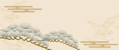 Bonsai ağaç süslemeleri, el çizimi dalga ve Japon bulutları klasik tarzda. Geleneksel Asya arkaplan elementlerine sahip soyut sanat manzarası