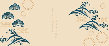 Soyut peyzaj vektör pankartlı Japon dalga deseni. Bambu ve bonsai ağacı desenli doğa sanatı. Asya geleneksel simgesi ve sembol tasarımı.