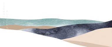 Geometrik desenli soyut sanat şablonu. Japonca arka plan ve suluboya doku vektörü. Doğu tarzında dağ manzarası tasarımı. Mavi ve siyah pankart tasarımı