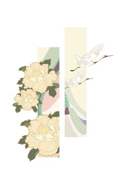 Turna kuşu vektörü. El çizimi dalga vektörüyle Japon arka planı. Klasik tarzda kurdele dekorasyon pankartı tasarımı olan doğuya özgü bir model. Jeoemtrik kenarlı şakayık desenli element