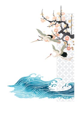 Turna kuşu vektörü. Suluboya desenli Japon arkaplanı. Doğu doğal dalgası desenli, okyanus dekorasyonu pankart tasarımlı, klasik tarzda. Kiraz çiçeği desenli element