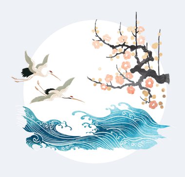 Turna kuşu vektörü. Japon arka planında suluboya boya boya var. Doğu doğal dalgası desenli, okyanus dekorasyonu pankart tasarımlı, klasik tarzda. Kiraz çiçeği çiçek desenli element
