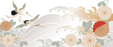 Turna kuşu vektörü. El çizimi dalgalı Japon arka planı. Doğal desenli, okyanus dekorasyonu afişi klasik tarzda dizayn edilmiş. Kasımpatı çiçek desenli element