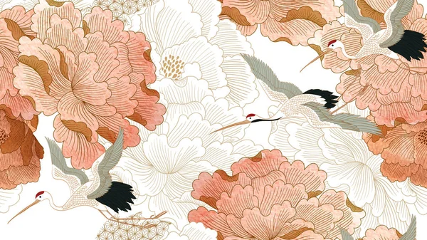 Kraanvogel Vector Japanse Achtergrond Met Aquareltextuur Oosterse Natuurlijke Golf Patroon — Stockvector