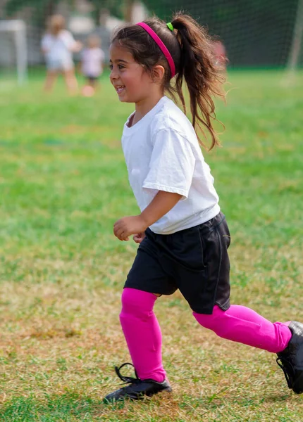 Young Happy Girl Generic Peewee Soccer Uniform Playing Sports Her Imagem De Stock