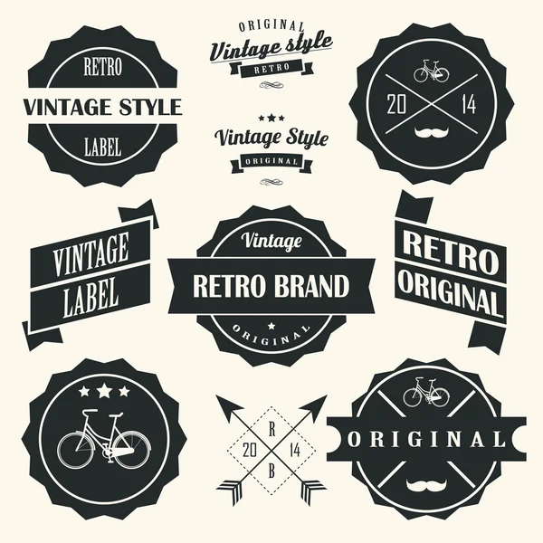 Collection of vintage retro labels, badges, stamps, ribbons, marks and typographic design elements, vector illustration — Stockový vektor