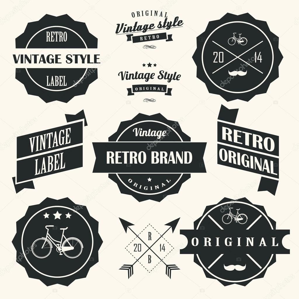 Collection of vintage retro labels, badges, stamps, ribbons, marks and typographic design elements, vector illustration