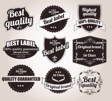koleksiyonu retro vintage etiketleri, rozetler, pullar, kurdeleler, işaretleri ve tipografik tasarım öğeleri, vektör çizim