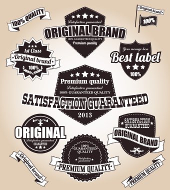 koleksiyonu retro vintage etiketleri, rozetler, pullar, kurdeleler, işaretleri ve tipografik tasarım öğeleri, vektör çizim