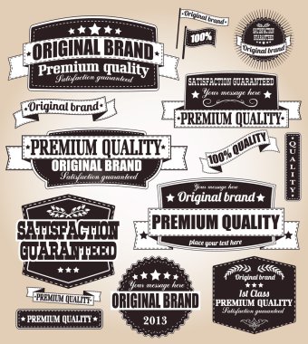koleksiyonu retro vintage etiketleri, rozetler, pullar, kurdeleler, işaretleri ve tipografik tasarım öğeleri, vektör çizim