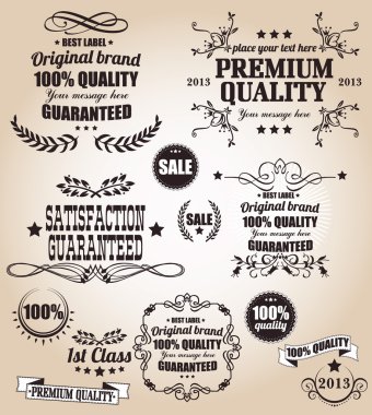 koleksiyonu retro vintage etiketleri, rozetler, pullar, kurdeleler, işaretleri ve tipografik tasarım öğeleri, vektör çizim