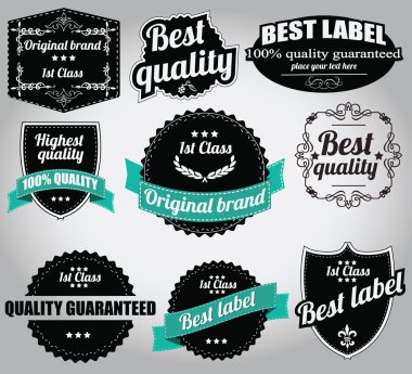 koleksiyonu retro vintage etiketleri, rozetler, pullar, kurdeleler, işaretleri ve tipografik tasarım öğeleri, vektör çizim