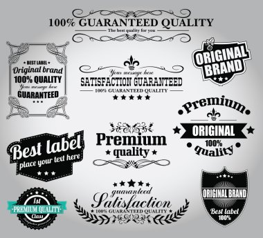 koleksiyonu retro vintage etiketleri, rozetler, pullar, kurdeleler, işaretleri ve tipografik tasarım öğeleri, vektör çizim