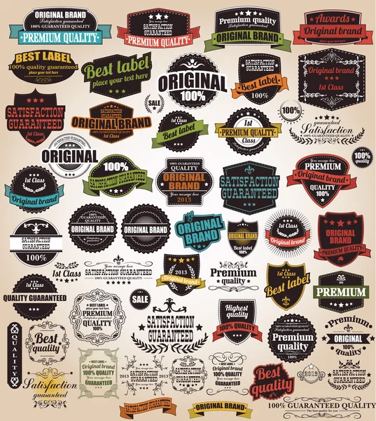 koleksiyonu retro vintage etiketleri, rozetler, pullar, kurdeleler, işaretleri ve tipografik tasarım öğeleri, vektör çizim