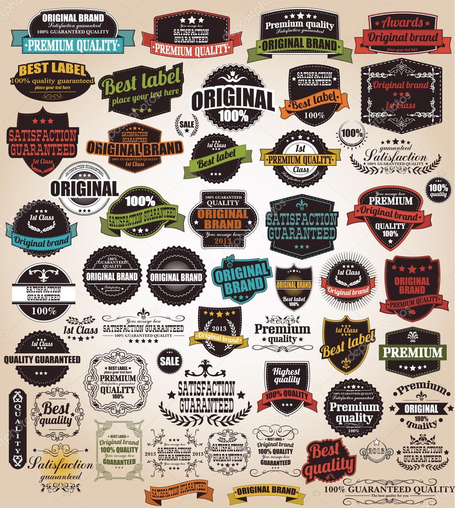 Collection of vintage retro labels, badges, stamps, ribbons, marks and typographic design elements, vector illustration