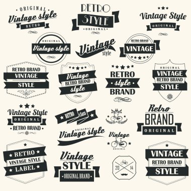 koleksiyonu retro vintage etiketleri, rozetler, pullar, kurdeleler, işaretleri ve tipografik tasarım öğeleri, vektör çizim