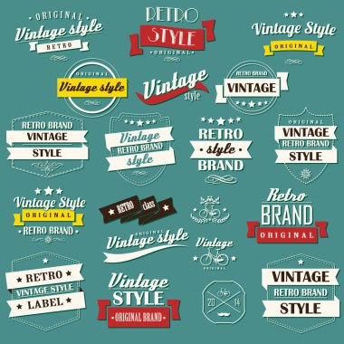 koleksiyonu retro vintage etiketleri, rozetler, pullar, kurdeleler, işaretleri ve tipografik tasarım öğeleri, vektör çizim