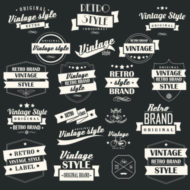 koleksiyonu retro vintage etiketleri, rozetler, pullar, kurdeleler, işaretleri ve tipografik tasarım öğeleri, vektör çizim
