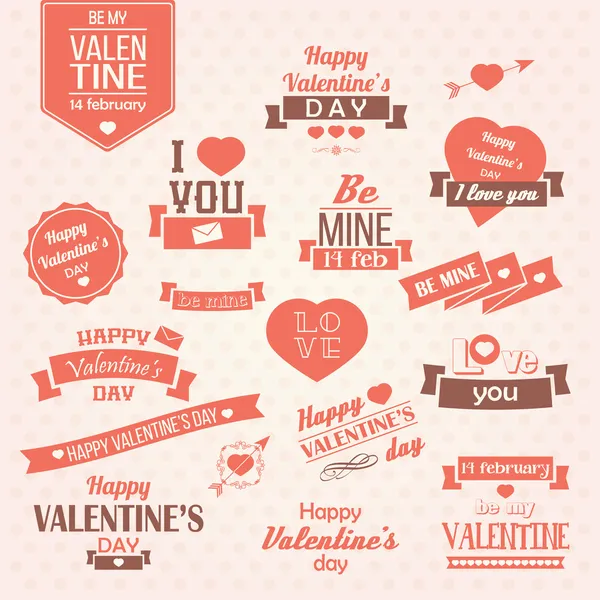 Collezione di etichette vintage di San Valentino, elementi di design tipografico, nastri, icone, francobolli, badge, illustrazione vettoriale — Vettoriale Stock