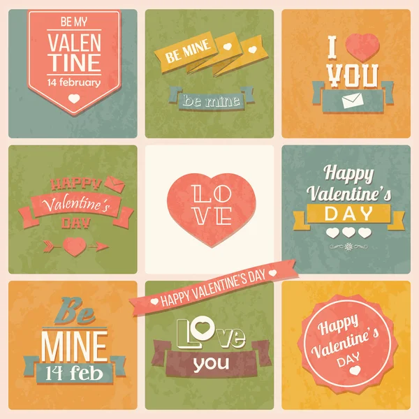 Collezione di etichette vintage di San Valentino, elementi di design tipografico, nastri, icone, francobolli, badge, illustrazione vettoriale — Vettoriale Stock