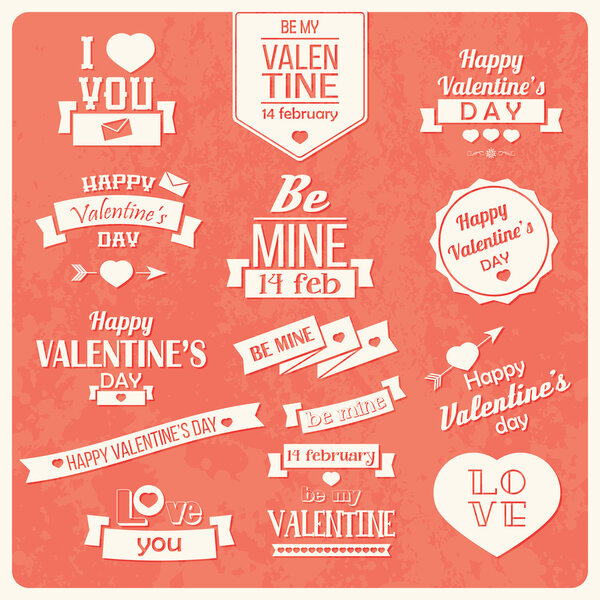 Collection of Valentine s day vintage labels, typographic design elements, ribbons, icons, stamps, badges, vector illustration