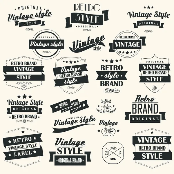 Collection of vintage retro labels, badges, stamps, ribbons, marks and typographic design elements, vector illustration — Stock Vector