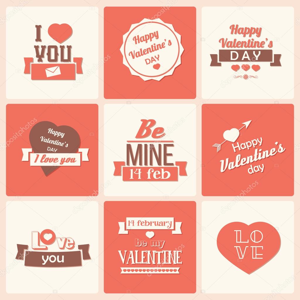 Collection of Valentine s day vintage labels, typographic design elements, ribbons, icons, stamps, badges, vector illustration