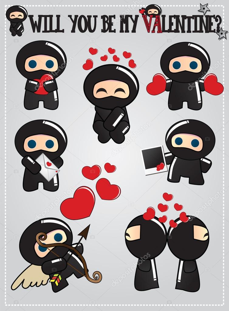 Cute ninja characters, Valentine's day, vector illustration