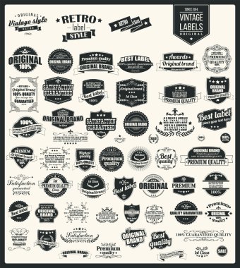 koleksiyonu retro vintage etiketleri, rozetler, pullar, kurdeleler, işaretleri ve tipografik tasarım öğeleri, vektör çizim