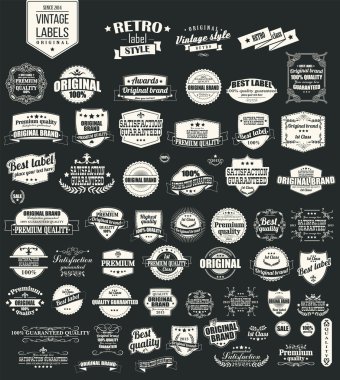 koleksiyonu retro vintage etiketleri, rozetler, pullar, kurdeleler, işaretleri ve tipografik tasarım öğeleri, vektör çizim