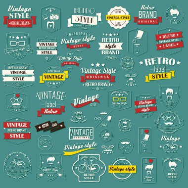 koleksiyonu retro vintage etiketleri, rozetler, pullar, kurdeleler, işaretleri ve tipografik tasarım öğeleri, vektör çizim
