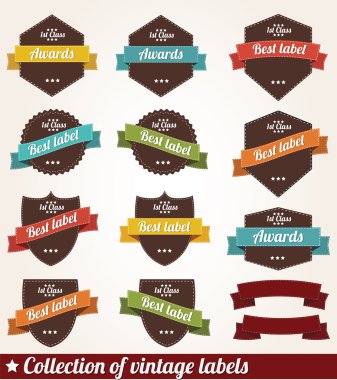 retro vintage etiketleri, pullar, kurdeleler, işaretleri ve kaligrafi tasarım öğeleri, vektör kümesi