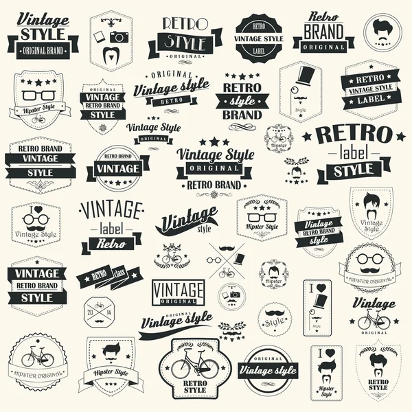 Collection of vintage retro labels, badges, stamps, ribbons, marks and typographic design elements, vector illustration — Stock Vector