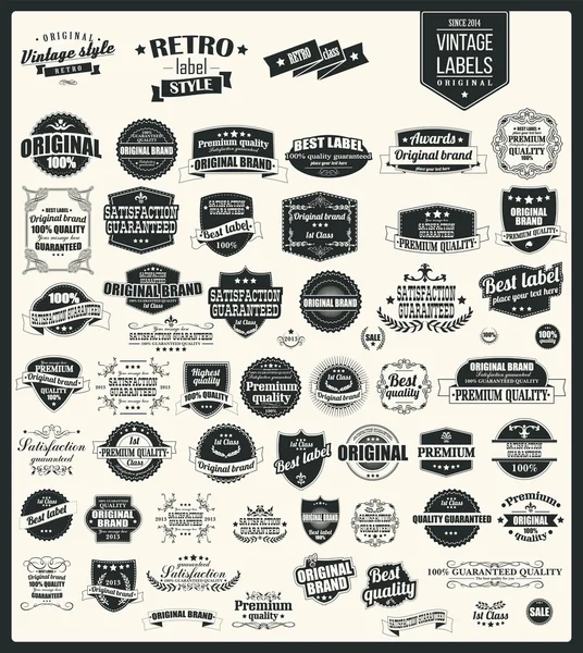 Collection of vintage retro labels, badges, stamps, ribbons, marks and typographic design elements, vector illustration — Stock vektor